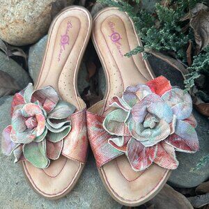Born Crown Leather Flower Sandals | Boho Artisan Comfort Slide Sandals Size 8